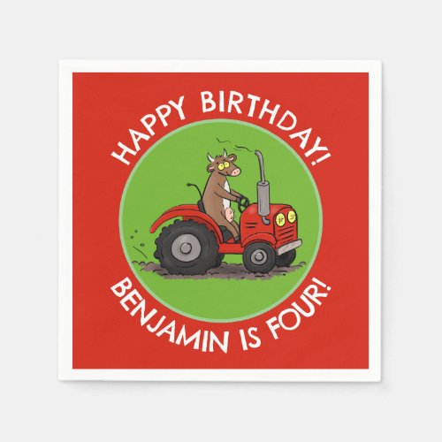 Cute cow riding tractor personalized birthday napkins