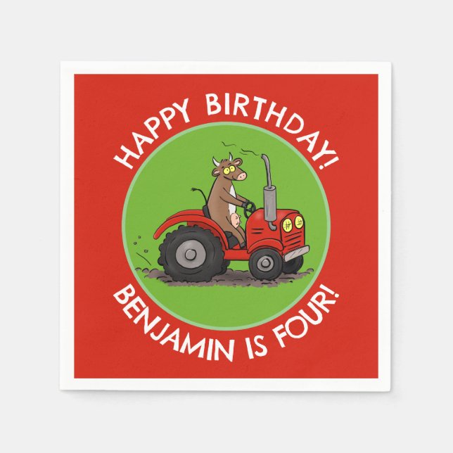 Cute cow riding tractor personalized birthday napkins (Front)
