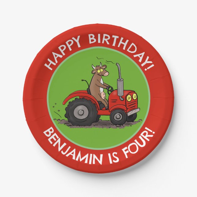 Cute cow riding tractor personalized birthday paper plates (Front)