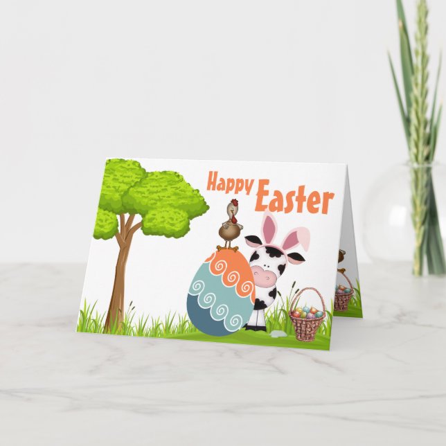Cute Cow, Rooster and Colorful Eggs Farm Easter Card (Front)