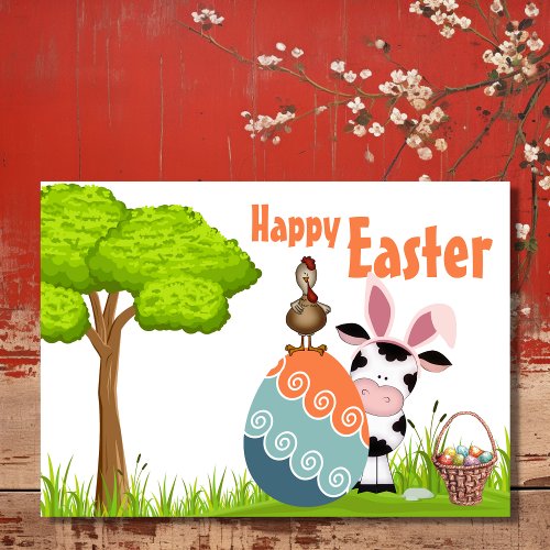 Cute Cow Rooster and Colorful Eggs Farm Easter Holiday Card