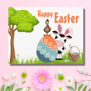 Cute Cow, Rooster and Colorful Eggs Farm Easter Holiday Postcard