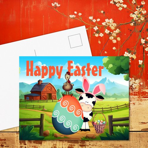 Cute Cow Rooster and Colorful Eggs Farm Easter Holiday Postcard