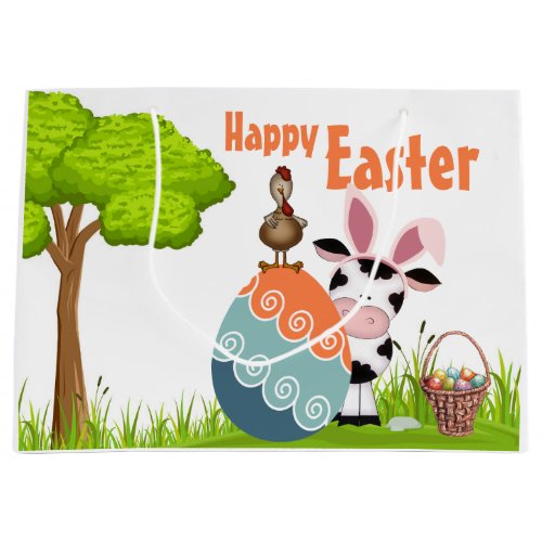 Cute Cow Rooster and Colorful Eggs Farm Easter Large Gift Bag