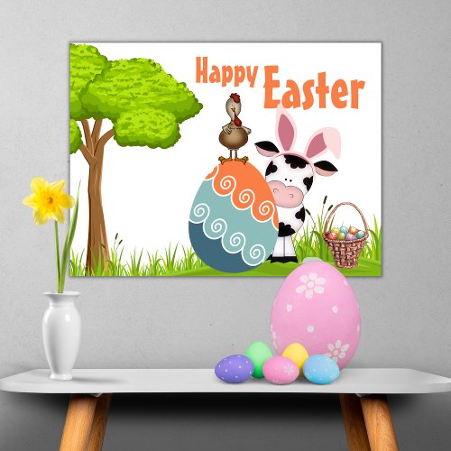Cute Cow Rooster and Colorful Eggs Farm Easter Poster