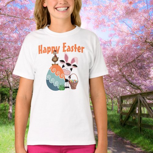 Cute Cow Rooster Colorful Eggs Farm Happy Easter T_Shirt