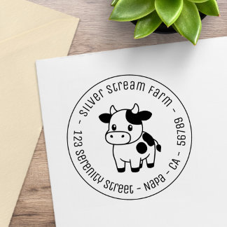 Cute Cow Round Business Address Rubber Stamp