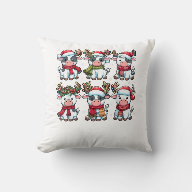 Cute Cow Santa Christmas Lights Funny Xmas Animal  Throw Pillow (Front)