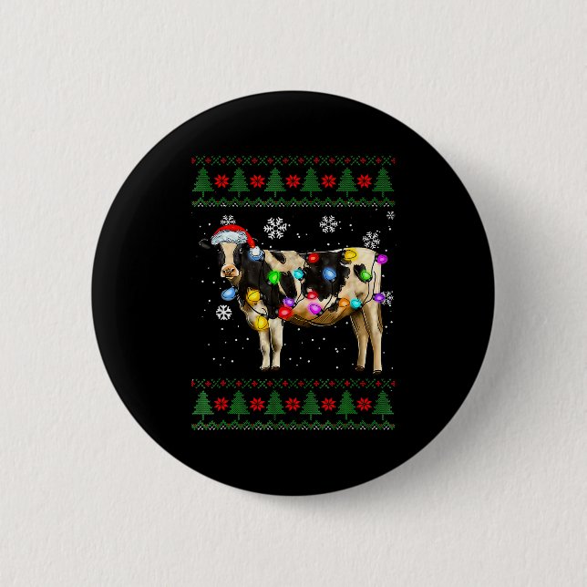 Cute Cow Santa Christmas Lights Ugly Xmas Sweater  Button (Front)