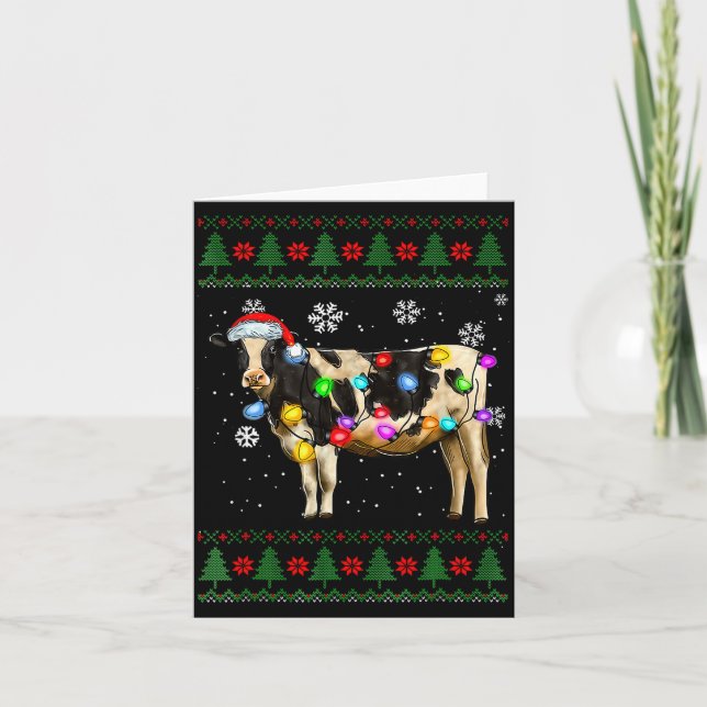 Cute Cow Santa Christmas Lights Ugly Xmas Sweater  Card (Front)