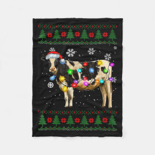 Cute Cow Santa Christmas Lights Ugly Xmas Sweater Fleece Blanket