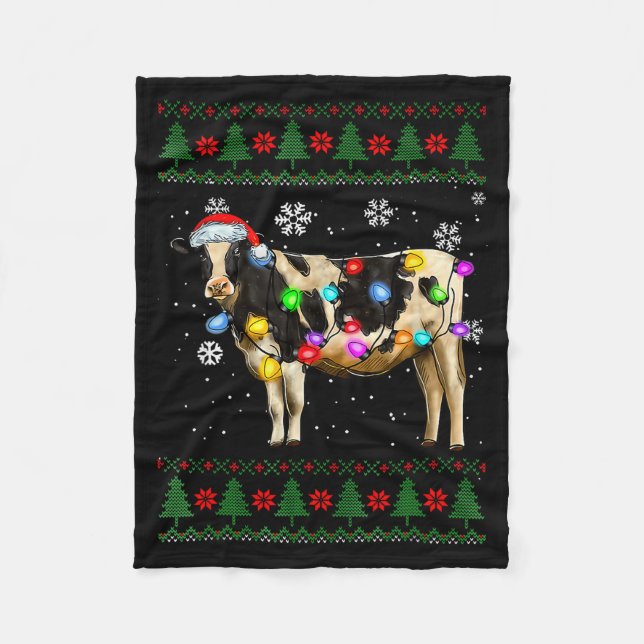 Cute Cow Santa Christmas Lights Ugly Xmas Sweater  Fleece Blanket (Front)