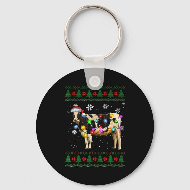 Cute Cow Santa Christmas Lights Ugly Xmas Sweater  Keychain (Front)