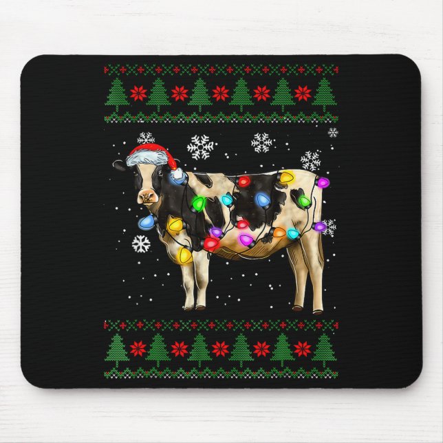 Cute Cow Santa Christmas Lights Ugly Xmas Sweater  Mouse Pad (Front)