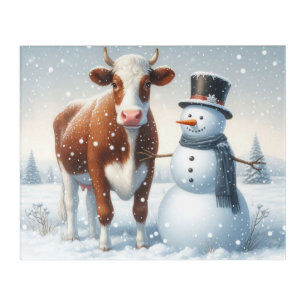 Cute cow & snowman in the winter field acrylic print