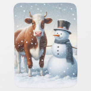 Cute cow & snowman in the winter field baby blanket
