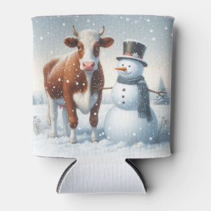 Cute cow & snowman in the winter field can cooler