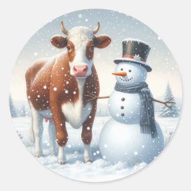 Cute cow & snowman in the winter field classic round sticker (Front)