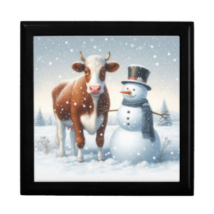 Cute cow & snowman in the winter field gift box