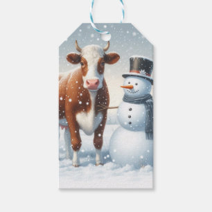 Cute cow & snowman in the winter field gift tags