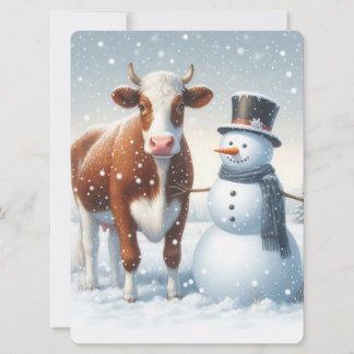 Cute cow & snowman in the winter field holiday card