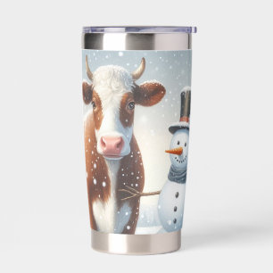 Cute cow & snowman in the winter field insulated tumbler