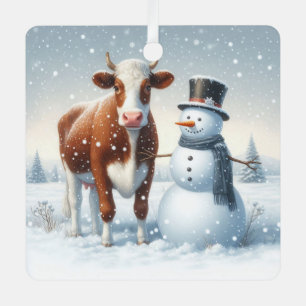 Cute cow & snowman in the winter field metal ornament