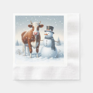 Cute cow & snowman in the winter field napkins