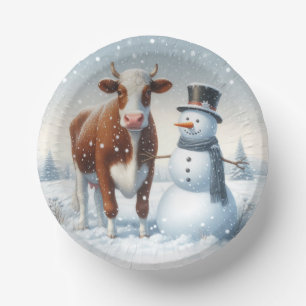 Cute cow & snowman in the winter field paper bowls