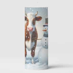 Cute cow & snowman in the winter field pillar candle