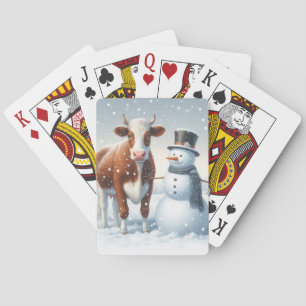 Cute cow & snowman in the winter field poker cards
