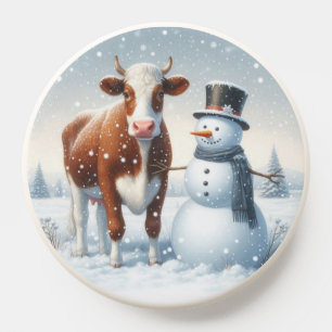 Cute cow & snowman in the winter field PopSocket
