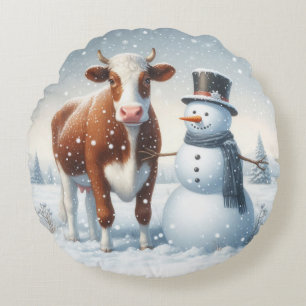 Cute cow & snowman in the winter field round pillow