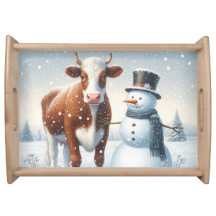 Cute cow & snowman in the winter field serving tray