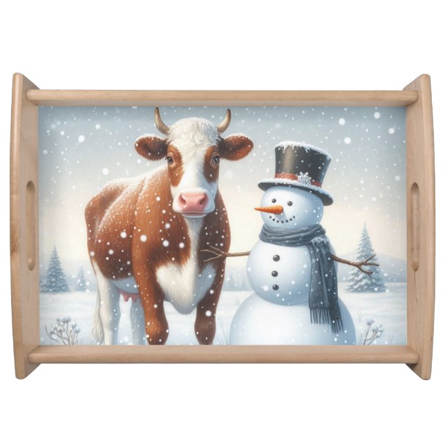 Cute cow & snowman in the winter field serving tray (Front)