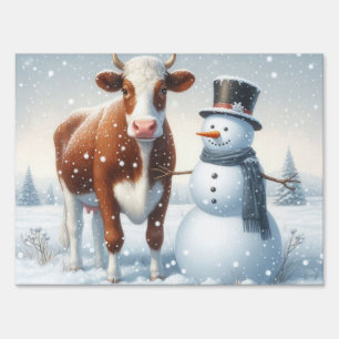 Cute cow & snowman in the winter field sign