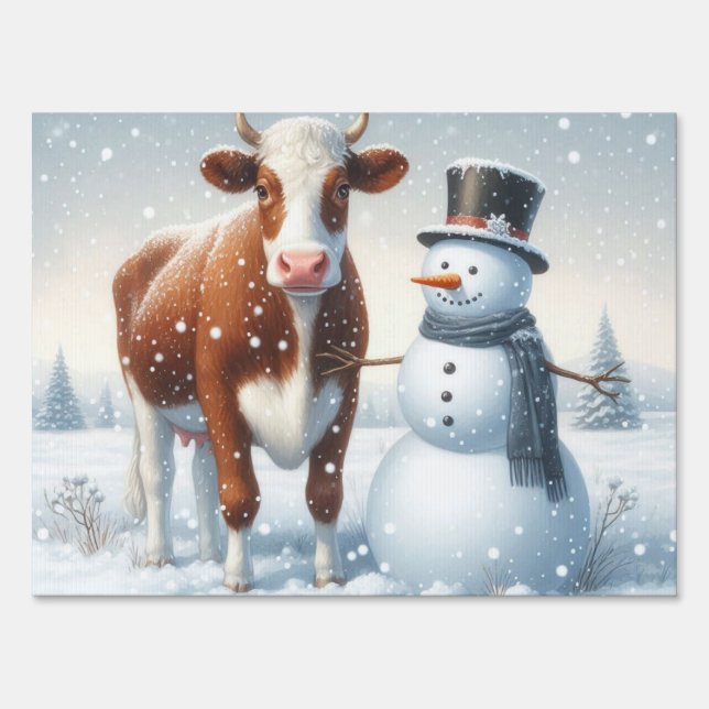 Cute cow & snowman in the winter field sign (Front)
