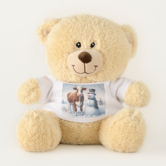 Cute cow & snowman in the winter field teddy bear (Front)