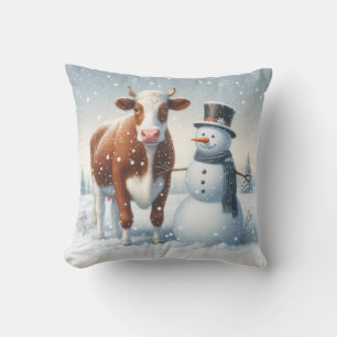 Cute cow & snowman in the winter field throw pillow