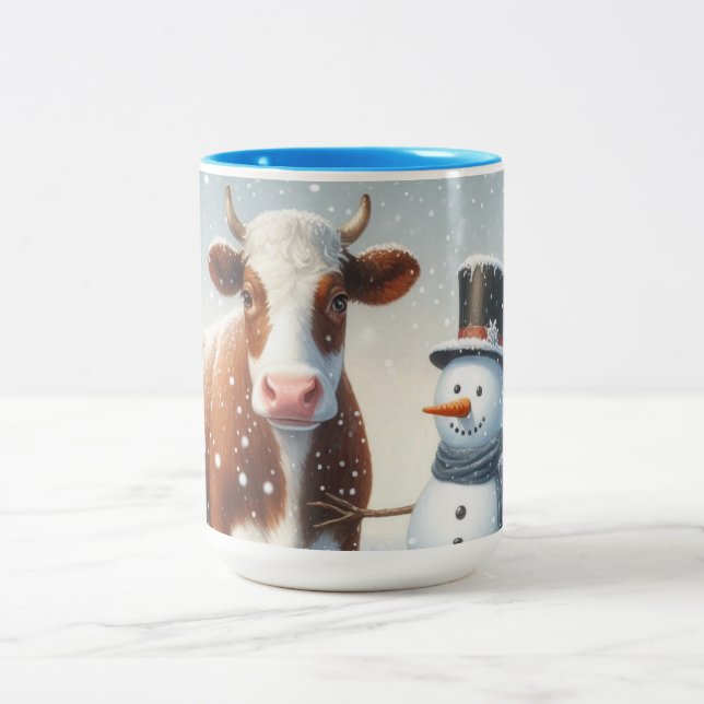 Cute cow & snowman in the winter field Two-Tone coffee mug (Center)