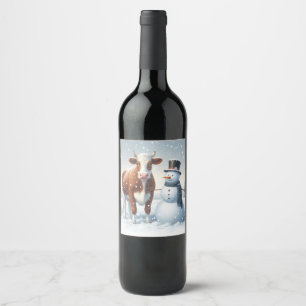 Cute cow & snowman in the winter field wine label