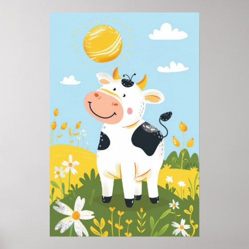 Cute Cow Sun Meadow Baby Nursery Kids Poster