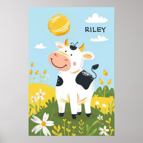 Cute Cow Sun Personalized Baby Nursery Kids Poster
