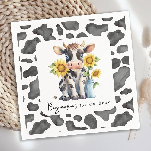 Cute Cow Sunflower Modern Farm Animal 1st Birthday Napkins