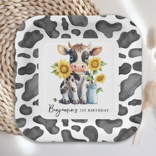 Cute Cow Sunflower Modern Farm Animal 1st Birthday Paper Plates (Creator Uploaded)