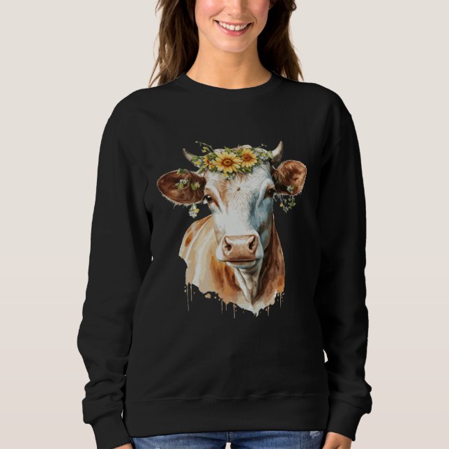 Cute Cow Sunflower Watercolor Cattle Farm Animal Sweatshirt (Front)