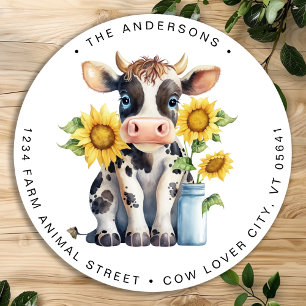Cute Cow Sunflowers Farm Animal Return Address Classic Round Sticker
