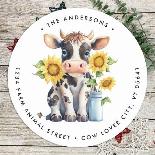 Cute Cow Sunflowers Farm Animal Return Address  Classic Round Sticker