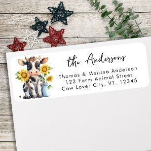 Cute Cow Sunflowers Farm Animal Return Address  Label