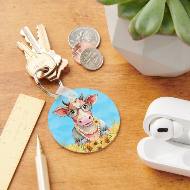 Cute Cow Sunflowers Keychain (Desk)